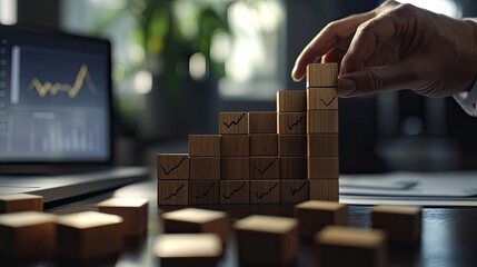 Poster - Business Growth Concept with Wooden Blocks and Hand Charting Progress in Office Setting for Financial Success