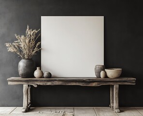 Wall Mural - A contemporary living room with a black wall and a large blank canvas mockup, a rustic wooden console table with neatly arranged decorative objects, and a clean minimalist atmosphere