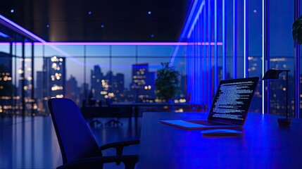 Leinwandbilder - Modern Office Interior at Night with Futuristic Blue Lighting and a Laptop Displaying Code in a Sleek Corporate Environment