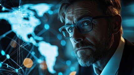 Poster - Businessman Analyzing Global Network Connections Through a Digital Map Displaying Data Points and Geographical Information for Strategic Insights