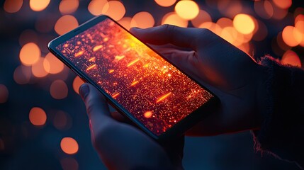 Fototapete - Hands Holding Smartphone with Digital Graphs and Data Visualizations in Soft Focus with Warm Glow Effect