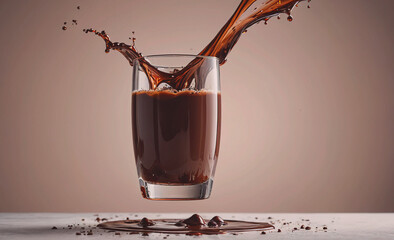 Poster - A glass of chocolate milk is poured into a glass, and the liquid is splashing out of the glass