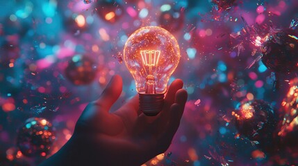 Leinwandbilder - A human hand holds a glowing light bulb against a vibrant, colorful background filled with shining particles, representing creativity, innovation, and inspiration in a di