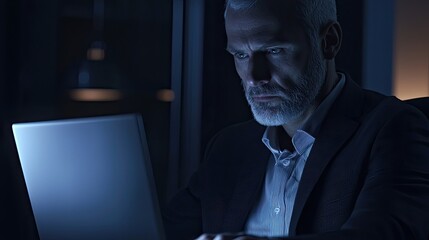 Poster - A serious businessman is deeply focused on his laptop in a dark office setting. The serene atmosphere and soft light enhance his concentration, showcasing dedication to w