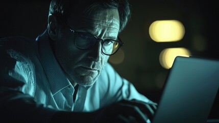 Poster - A serious businessman is deeply focused on his laptop in a dark office setting. The serene atmosphere and soft light enhance his concentration, showcasing dedication to w