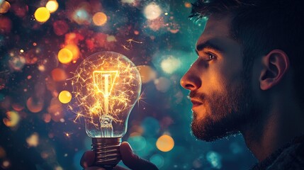 Aufkleber - A thoughtful man gazes at a glowing light bulb filled with sparks, symbolizing creativity and innovation against a vibrant, colorful backdrop, ideal for inspiration theme