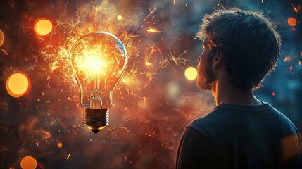 Aufkleber - A thoughtful man gazes at a glowing light bulb filled with sparks, symbolizing creativity and innovation against a vibrant, colorful backdrop, ideal for inspiration theme