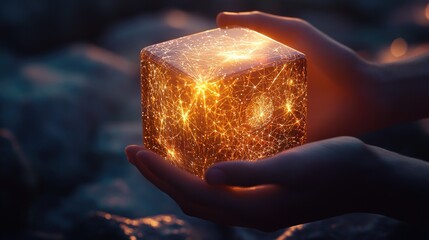 Aufkleber - A pair of hands gently cradles a glowing cube filled with intricate light patterns, creating a captivating visual that signifies innovation and modern art in a tranquil s