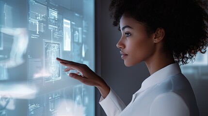 Aufkleber - A business professional engages with a high-tech touchscreen display showcasing data analytics and insights, highlighting modern office technology and innovative visual c