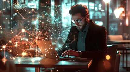 Poster - A focused professional man engaged in work on a laptop in a modern cafe, surrounded by glowing digital connections, highlighting the blend of technology and productivity.