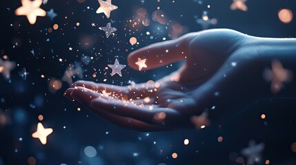 Poster - A hand gracefully releases glowing stars into a dark background, creating a magical ambiance with sparkling particles and a captivating bokeh effect. An enchanting visual