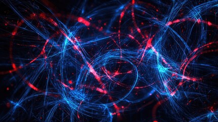 Fototapete - Explore this mesmerizing digital abstract background featuring glowing blue and red lines intertwined with circuit patterns, perfect for technology-related design project