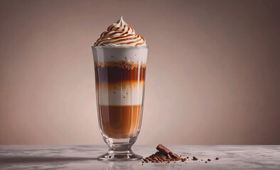 Aufkleber - A tall glass of coffee with whipped cream on top and a chocolate shaker on the side. Concept of indulgence and relaxation, as the whipped cream and chocolate shaker suggest a sweet treat to enjoy