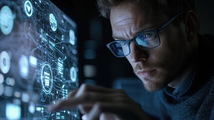 Poster - A focused male professional interacts with an advanced touch screen interface showcasing digital data and cloud concepts, representing modern technology and innovation in