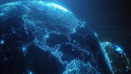 Poster - digital planet earth made of glowing connections and data on dark background, global network concept