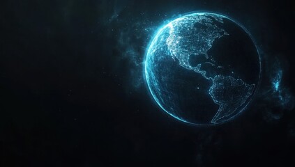 Poster - abstract digital planet earth made of glowing blue data connections on a dark background, a technolo