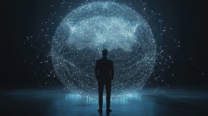 Poster - A businessman stands in front of a digital globe illuminated by data connections, symbolizing global connectivity, technological advancement, and future opportunities.