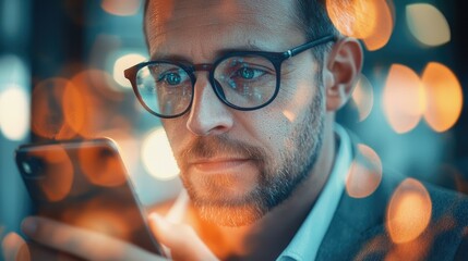 Poster - A serious businessman wearing glasses examines his smartphone, showcasing digital data reflections. The contrasting light creates a captivating atmosphere of focus and in