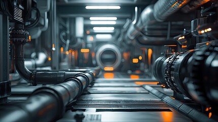 Poster - Explore a futuristic view of industrial pipes and valves inside a processing plant, highlighting advanced engineering and technology in a sleek, modern environment.
