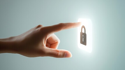 Poster - This image showcases a hand reaching towards a virtual lock icon, symbolizing the importance of digital security in modern technology and online environments.