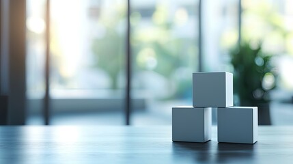 Aufkleber - Minimalist arrangement of white cubes creating a modern workspace aesthetic with blurred backgrounds and natural light filtering through, symbolizing creativity and innov