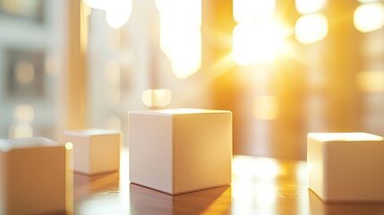 Aufkleber - Minimalist arrangement of white cubes creating a modern workspace aesthetic with blurred backgrounds and natural light filtering through, symbolizing creativity and innov