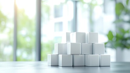 Aufkleber - Minimalist arrangement of white cubes creating a modern workspace aesthetic with blurred backgrounds and natural light filtering through, symbolizing creativity and innov