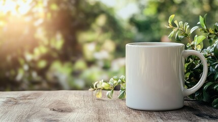 White mug on rustic wooden table amidst lush greenery in sunlit outdoor setting