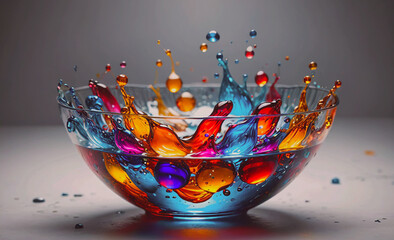 Poster - A bowl of colorful liquid with a splash of water. The bowl is filled with a rainbow of colors, and the water splashes out of it, creating a beautiful and vibrant scene. The bowl is placed on a table