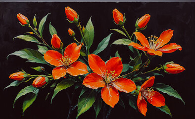 Poster - A painting of a bouquet of red flowers on a black background. The flowers are in full bloom and are arranged in a way that makes them look like they are growing out of the canvas. The painting has a