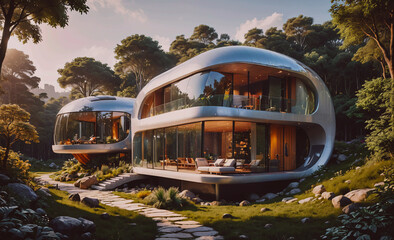 Poster - A large, modern house with a lot of glass windows and a large yard. The house is surrounded by trees and rocks, giving it a natural and serene atmosphere
