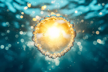 Wall Mural - round object with a yellow light shining on it. the object is surrounded by bubbles. the bubbles are