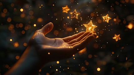 Poster - Hand Releasing Glowing Stars in a Dark Environment with Bokeh Effect and Sparkling Particles Floating in the Air