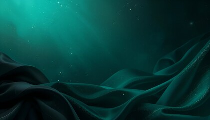 Poster - Abstract Dark Green Fabric Waves with a Soft Glow and Floating Particles in a Dreamy Atmosphere