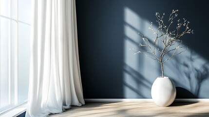 Wall Mural - A cozy, minimalistic room with dark blue walls, wooden floors, a white curtain to the left, and a vase with tree branches next to the window