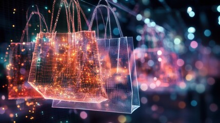 Poster - Holographic projections of shopping bags float in a dark space, surrounded by a captivating bokeh effect, capturing the essence of online shopping and the dynamic world of e commerce