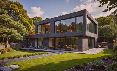 Poster - A large black house with a large glass front. The house is surrounded by a lush green lawn and a brick walkway