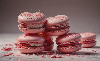 Poster - A stack of pink macarons with sprinkles on top. The macarons are arranged in a pyramid shape, with the top one slightly smaller than the others. Concept of elegance and sophistication