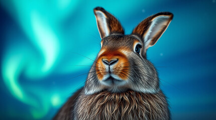 Wall Mural - cute rabbit against aurora borealis background