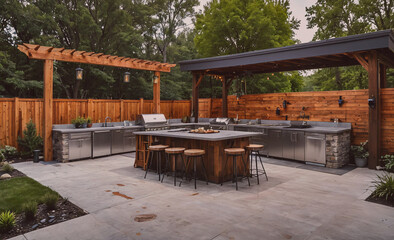 Poster - A large outdoor kitchen with a wooden pergola and a black awning. The kitchen is surrounded by a wooden fence