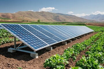 a solar panel array installed on farmland, surrounded by fertile land and mountains, showcasing rene