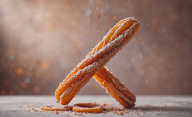Aufkleber - Two churros with powdered sugar on top. The churros are on a table and one of them is upside down