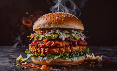 Poster - A large burger with lots of toppings, including lettuce, avocado, and bacon. The burger is sitting on a counter with a lot of condiments and other food items. The image has a casual and indulgent mood