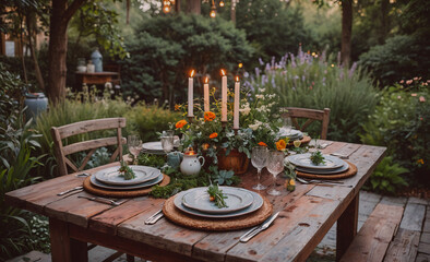 Poster - A wooden table with a tablecloth and candles on it. The table is set for a dinner party