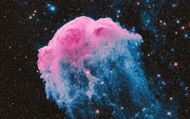 A cosmic abstract background with bright pink and blue nebula clouds, sprinkled with glowing stars on a deep black backdrop