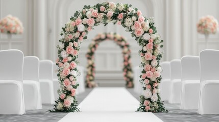 A beautifully decorated wedding venue featuring floral arches, white chairs, and an elegant aisle setting for a romantic ceremony.