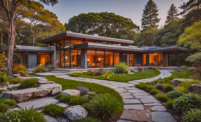 Poster - A large house with a large yard and a stone walkway. The house is surrounded by trees and has a lot of greenery