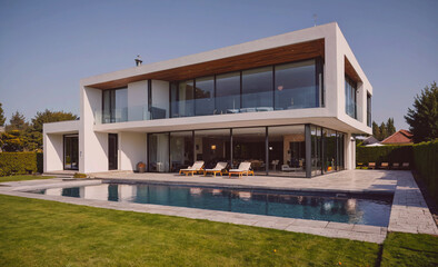 Poster - A large white house with a pool and a patio. The house is surrounded by trees and bushes