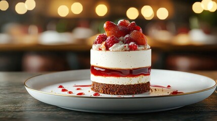 Wall Mural - A decadent layered dessert topped with fresh strawberries and raspberries, served on a white plate with a blurred, warm background.