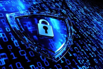 Poster - a shield with an icon of a lock on it, set against the backdrop of binary code to symbolize digital 
